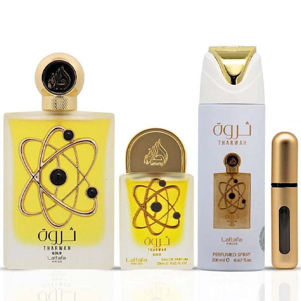 Kit Perfume Feminino Lattafa Tharwah Gold  EDP 100 ml + Perfume 20 ml + Desodorante Corporal