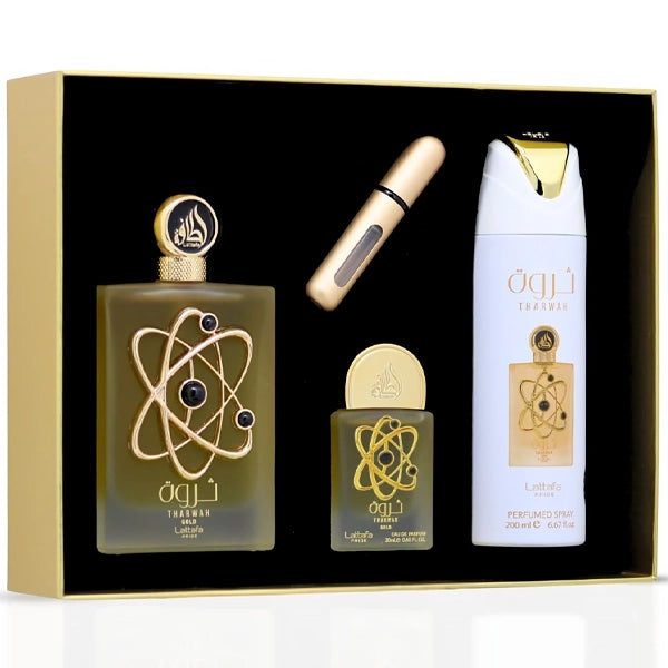 Kit Perfume Feminino Lattafa Tharwah Gold  EDP 100 ml + Perfume 20 ml + Desodorante Corporal
