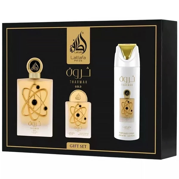 Kit Perfume Feminino Lattafa Tharwah Gold  EDP 100 ml + Perfume 20 ml + Desodorante Corporal